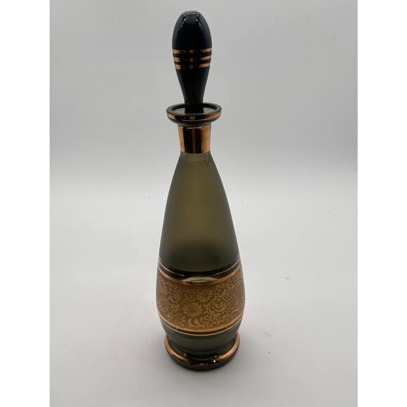 Vtg Moody Czech Bohemia Smokey Glass Decanter Gold Trim 11” carafe Green Gray - Picture 16 of 16